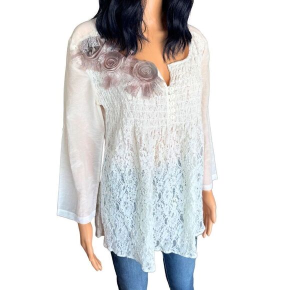 Vintage Linea Domani White Boho Lacy Rosette Tunic Top Size Medium - Picture 3 of 5